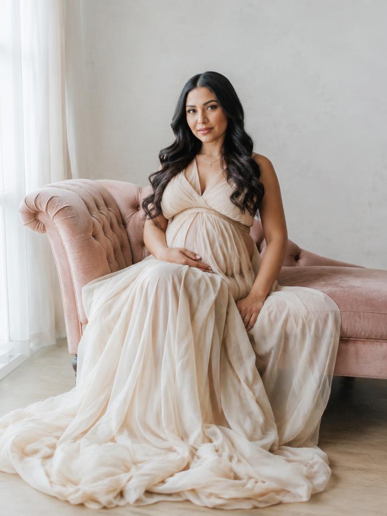 Ivory gown on the blush velvet chaise