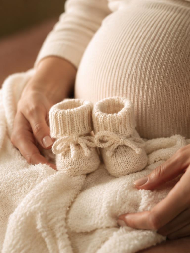 Tiny knitted booties on a cream blanket