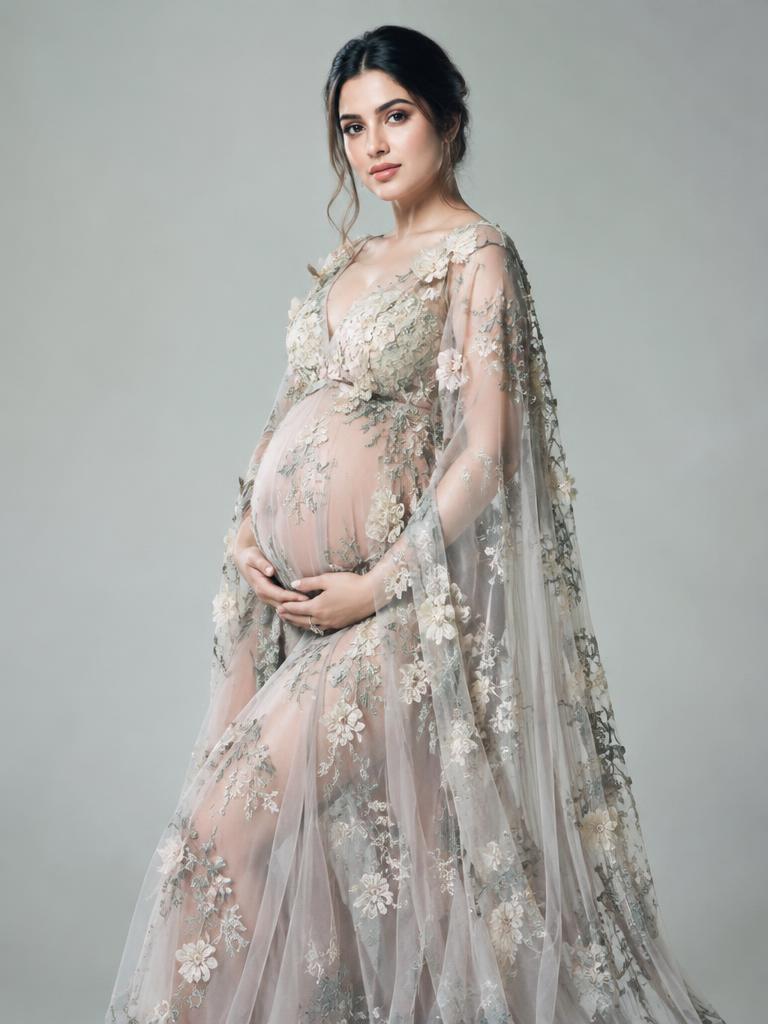 Embroidered sheer cape gown