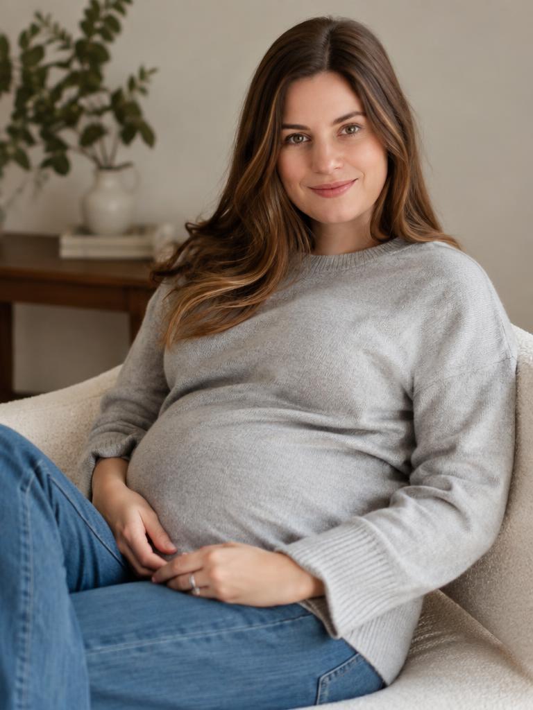 Soft grey sweater, relaxed at home