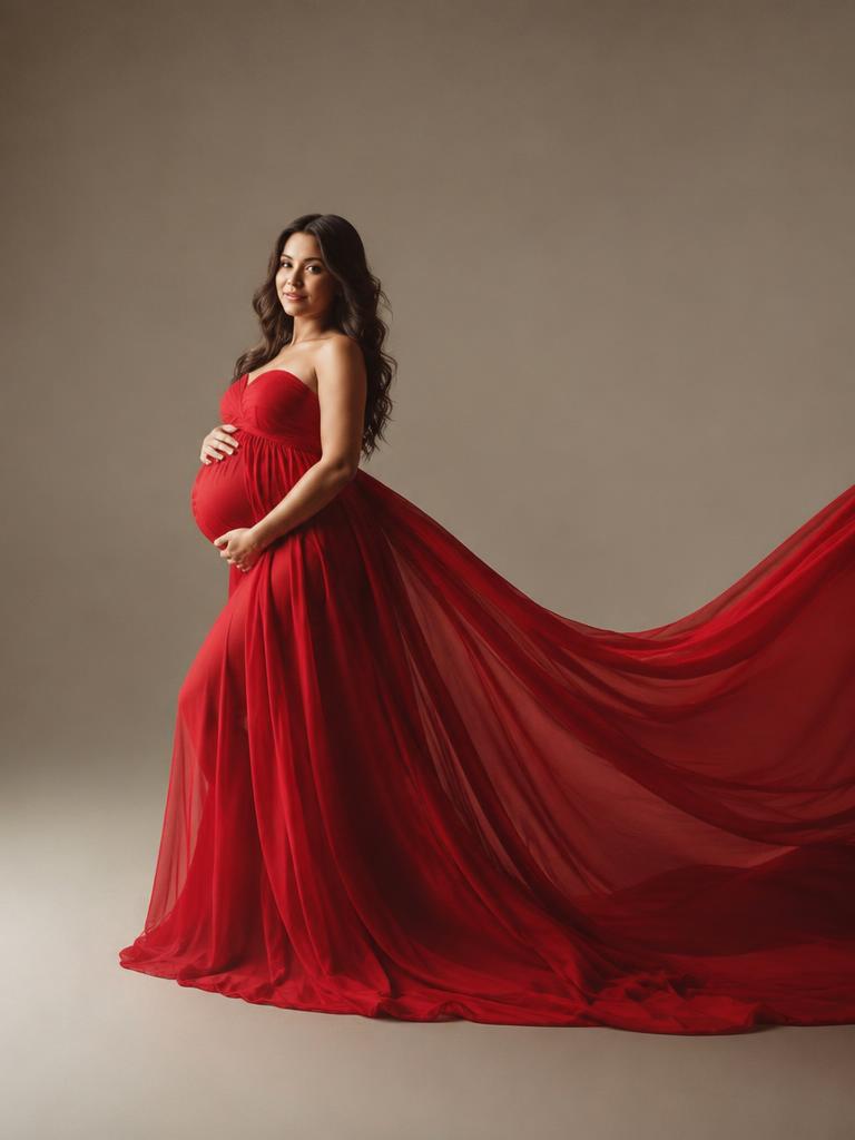 Red chiffon with a flowing train