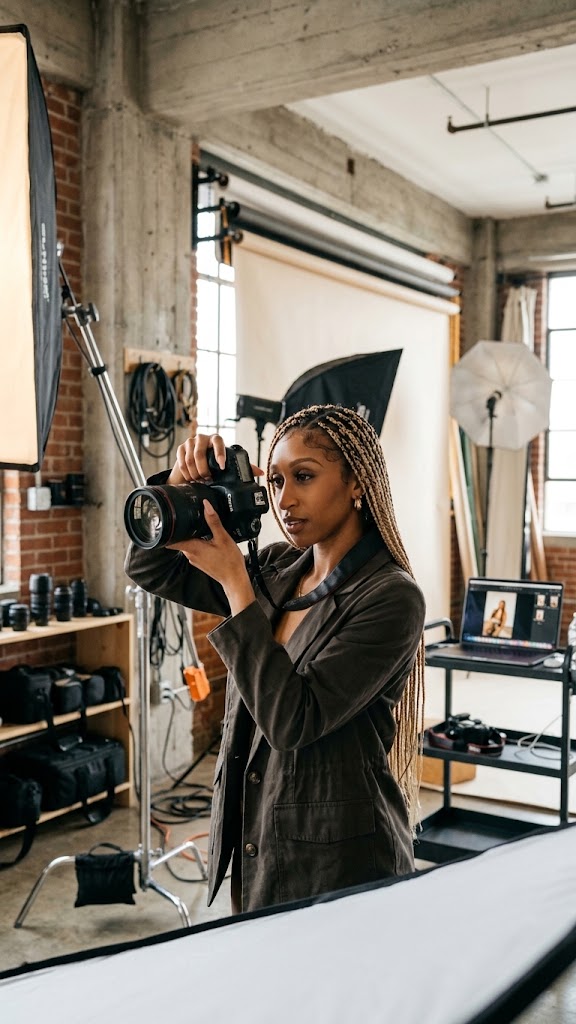 Nia Brooks, founder and photographer of The Expecting Muse Atelier, holding her camera in her Atlanta studio