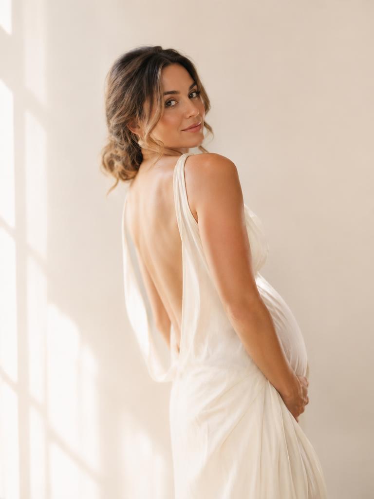 Open back ivory gown in window light